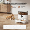 Alimentador inteligente para animais de estimação com duas tigelas e controle remoto.